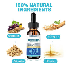 YOEALABY tinnitus relief ingredients chart shows plant extracts for natural care.