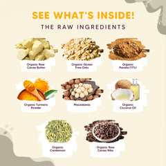Yogi Super Foods ingredients: raw cacao butter, oats, macadamia nuts, turmeric, panela sugar.