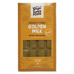 Yogi Super Foods white chocolate golden milk bar pack as vegan gluten-free indulgence.