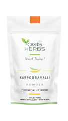 YOGIS HERBS Karpooravalli powder bottle promoting respiratory comfort and digestive wellness.