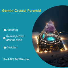 Close-up of Yogmudra Orgone Pyramid's amethyst sphere, highlighting craftsmanship and color.