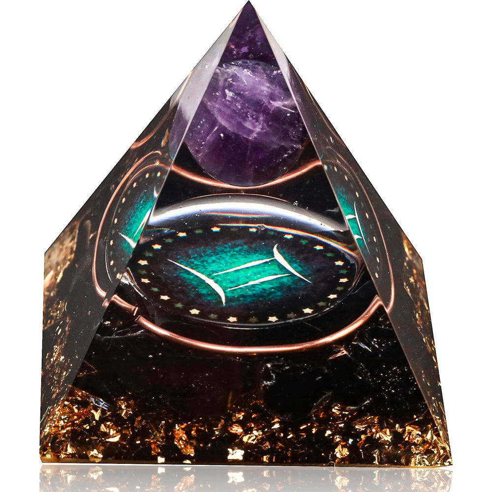 Yogmudra Zodiac Orgone Pyramid with amethyst and obsidian, front view for meditation energy.