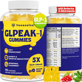 Yooaseital GLP-1 Gummies bottle front showing packaging and sugar-free claim for daily support