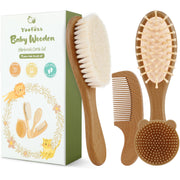 Yoofoss walnut baby hair brush close-up shows soft bristles for gentle scalp care