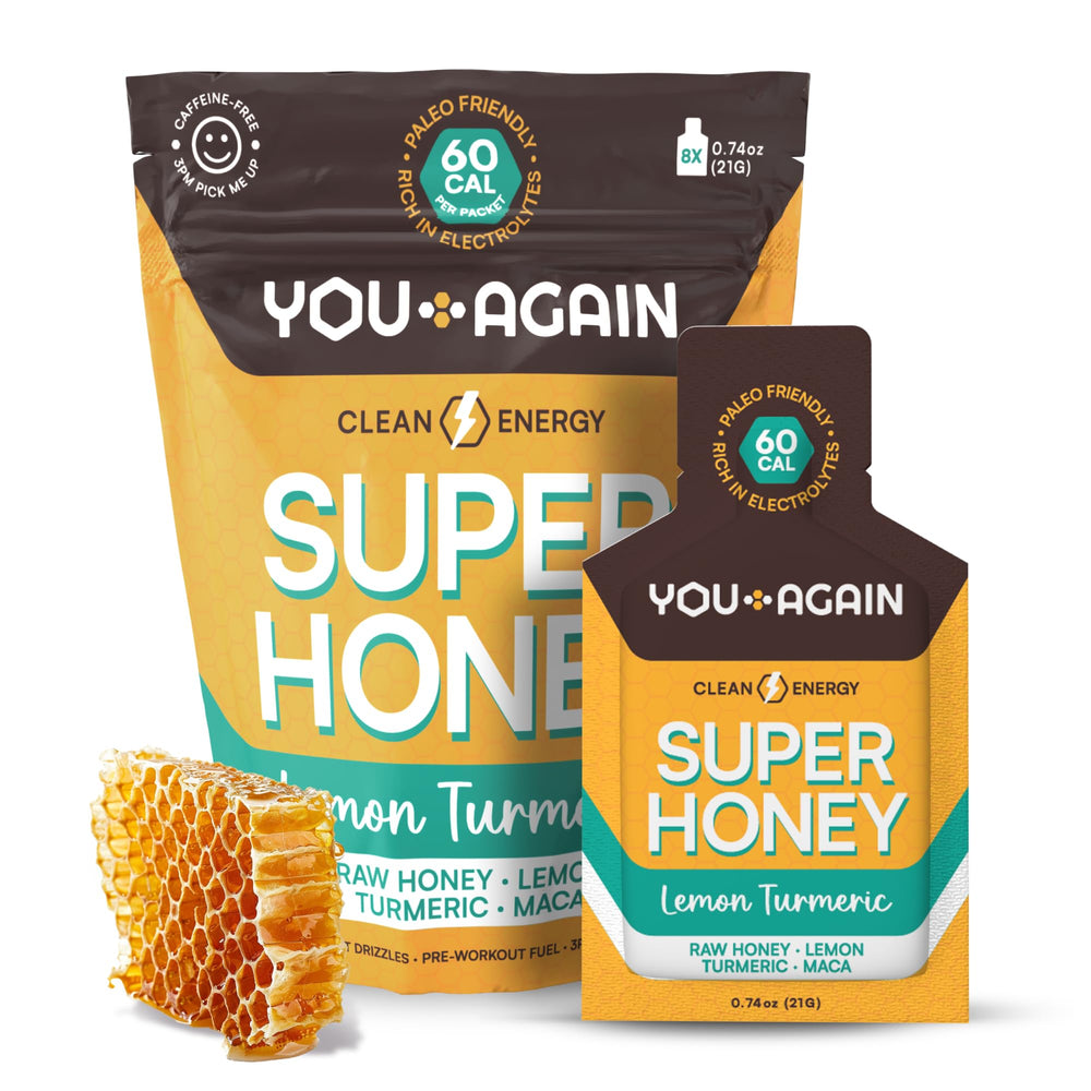 You Again Super Honey Lemon Turmeric packet closeup showing convenient energy for workouts.