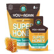 You Again Super Honey Lemon Turmeric packet closeup showing convenient energy for workouts.