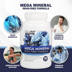 Close-up of YouFit Mega Minerals capsules for convenient all-in-one supplementation.