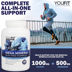 Close-up of YouFit Mega Minerals label reveals 1000mg calcium and 500mg magnesium for balance.