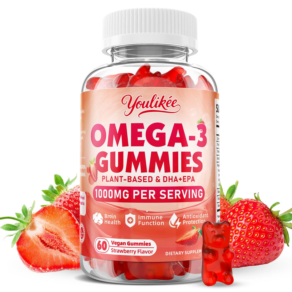 Youlikee vegan omega-3 gummies bottle supporting brain and eye health.