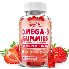 Youlikee vegan omega-3 gummies bottle supporting brain and eye health.