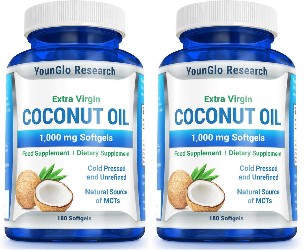 YounGlo Research Coconut Oil bottle-front shows 1000 mg softgels for daily vitality