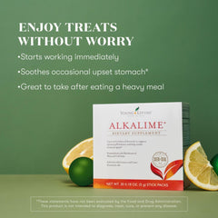 Young Living AlkaLime sachets close-up showing individual serving packs for easy digestive support.