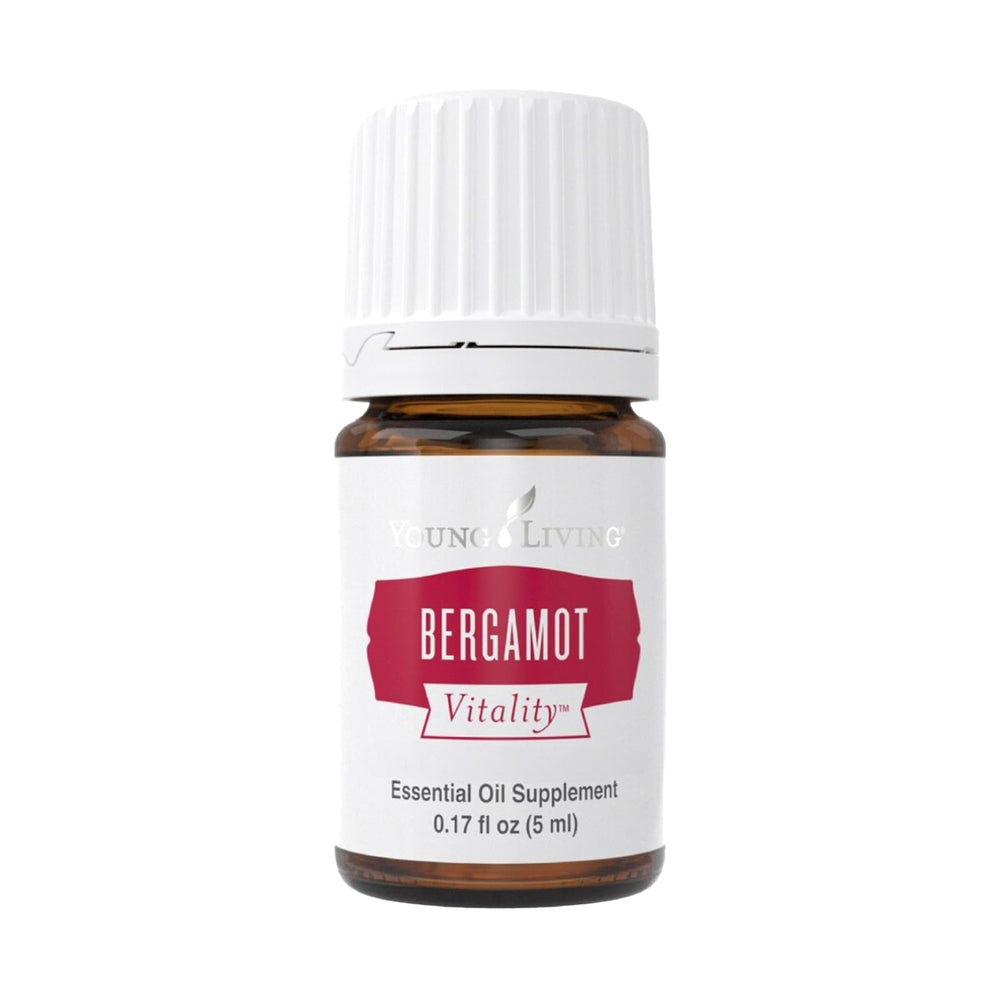 Young Living Bergamot Vitality 5ml bottle close-up highlighting citrus flavor for recipes.