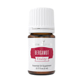 Young Living Bergamot Vitality 5ml bottle close-up highlighting citrus flavor for recipes.