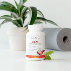 Close-up of Young Living BLM Capsules label highlighting ingredients