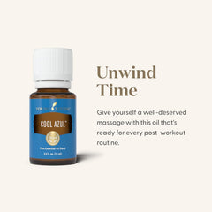 Young Living Cool Azul bottle closeup highlights premium ingredients and purity.