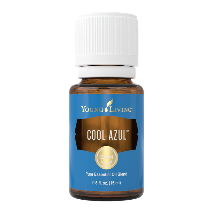 Young Living Cool Azul bottle pour supports refreshing aromatherapy sessions.