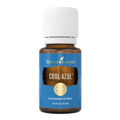 Young Living Cool Azul bottle pour supports refreshing aromatherapy sessions.