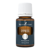 Young Living Cypress 15ml bottle close-up for calming aromatherapy.