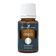 Young Living Cypress 15ml bottle close-up for calming aromatherapy.