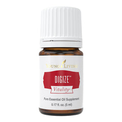 Close-up of the Young Living Digize bottle label signaling digestive balance potential.