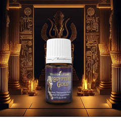 Young Living Egyptian Gold bottle close-up showcases a rich, musky scent for evening rituals.