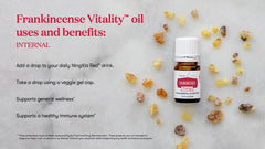 Young Living Frankincense Vitality 5ml bottle on desk, calming grounding aroma.