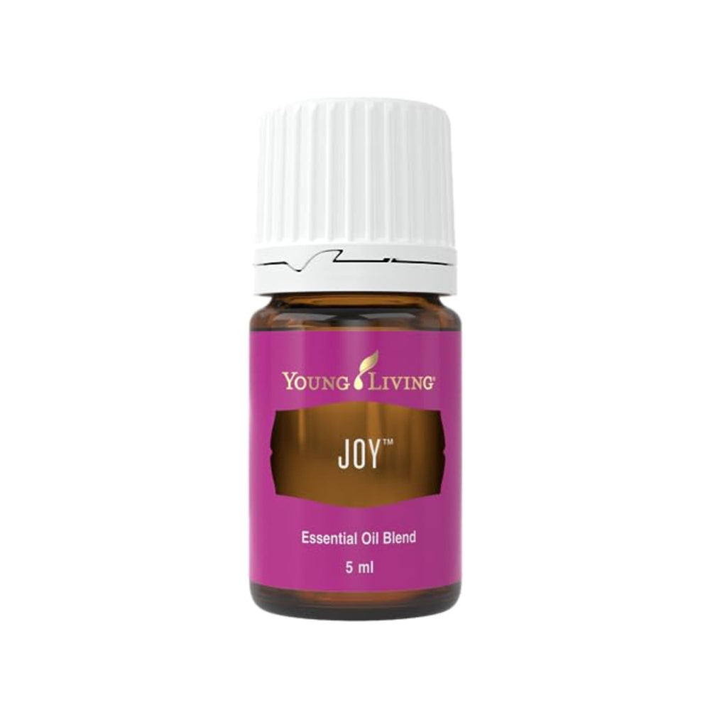 Young Living Joy blend bottle highlights calming aroma for mood uplift.