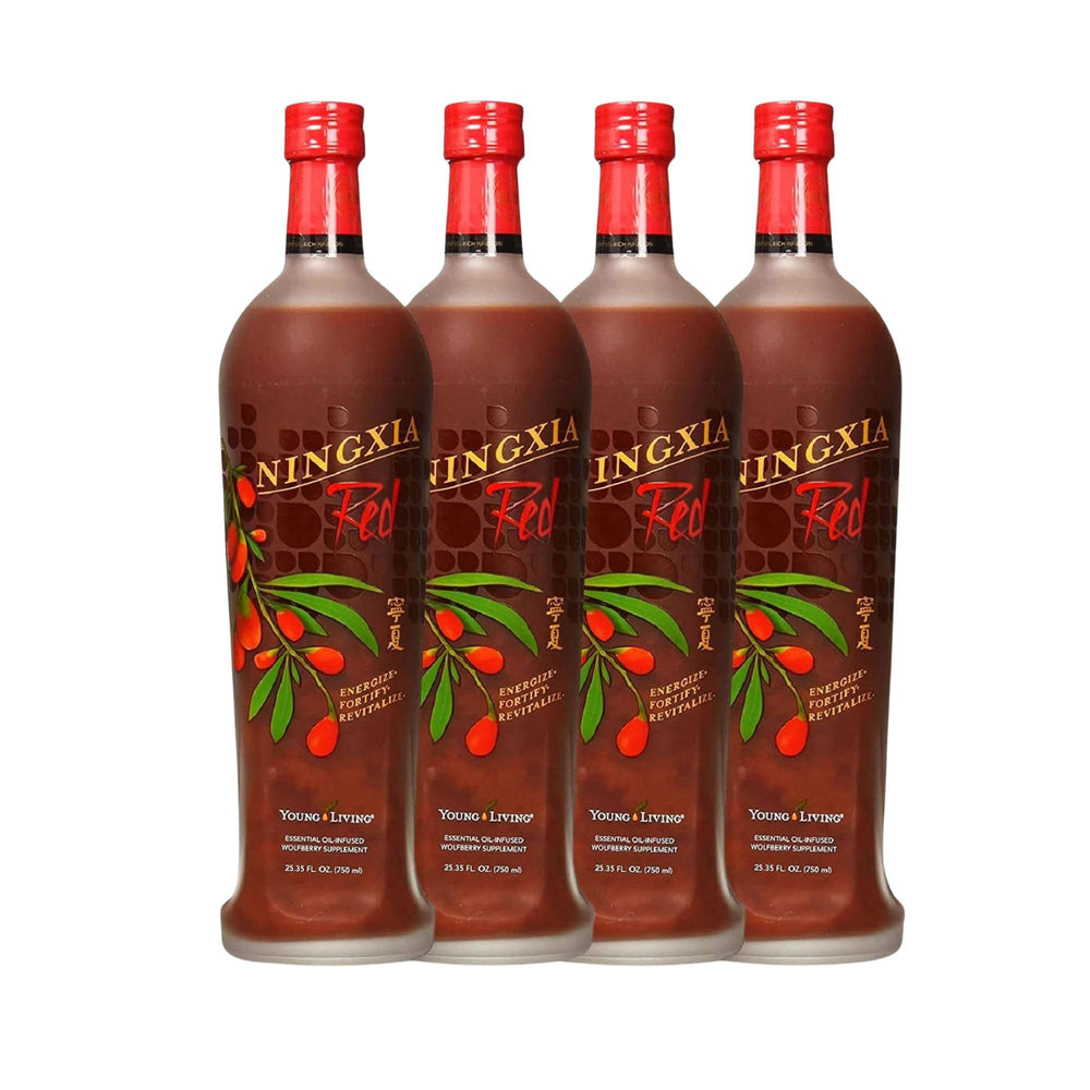 Young Living NingXia Red bottle pour highlighting convenient daily antioxidant support.