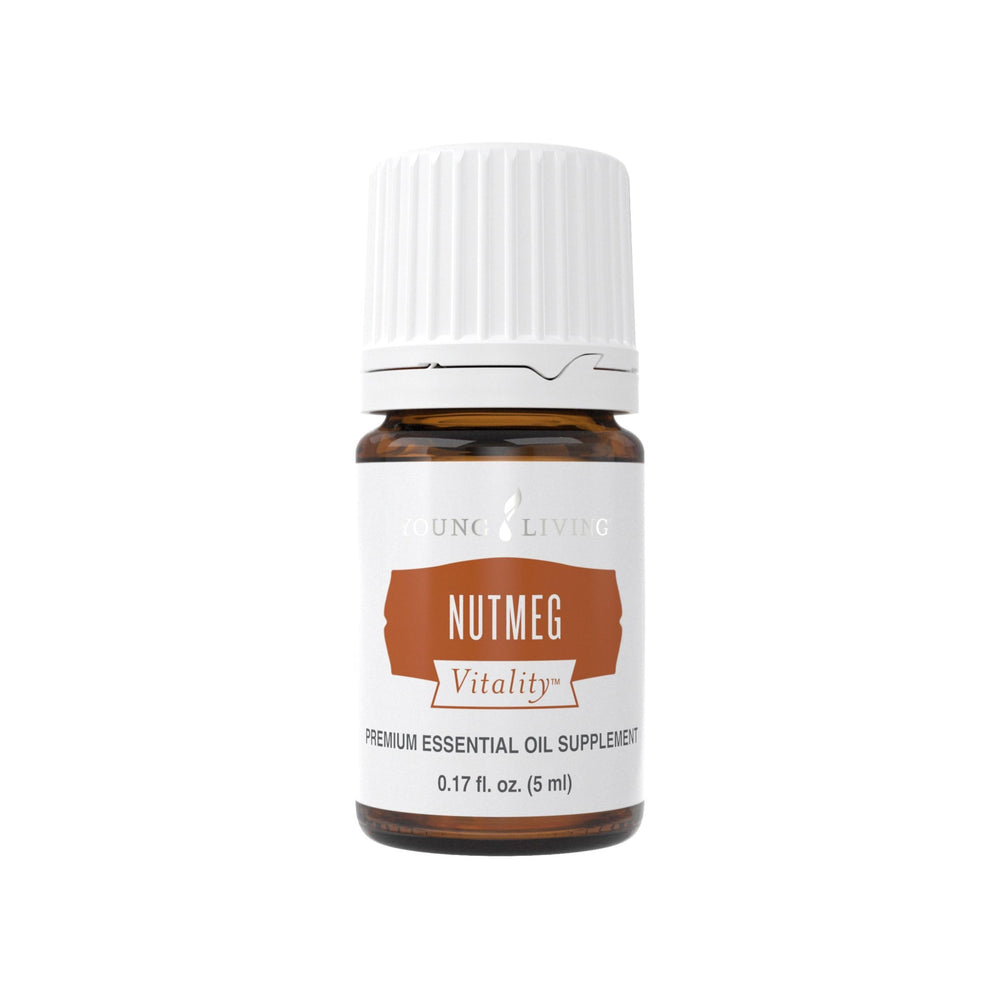 Young Living Nutmeg Vitality bottle pour adds warm, spicy aroma to dishes