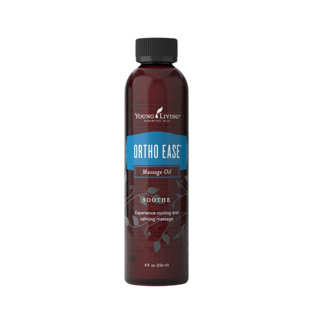 Young Living Ortho Ease Massage Oil bottle with a peppermint and lavender blend for relaxing muscles.