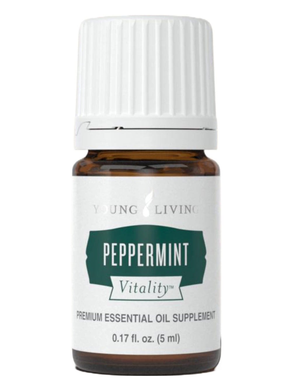 Young Living Peppermint Vitality bottle with label, offering a refreshing, crisp aroma for focus.