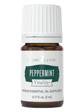 Young Living Peppermint Vitality bottle with label, offering a refreshing, crisp aroma for focus.