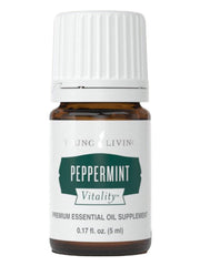 Young Living Peppermint Vitality bottle with label, offering a refreshing, crisp aroma for focus.