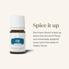 Young Living Thyme Vitality drops on spoon highlighting thymol aroma.