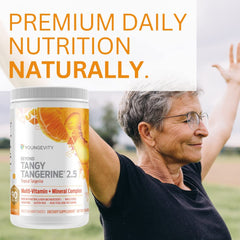 Youngevity Beyond Tangy Tangerine 2.5 serving spoon with powder ready to mix.