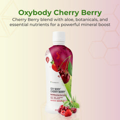 Close-up of a 32 oz Youngevity Oxybody bottle label featuring cherry berry flavor for immunity support