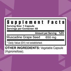 Close-up of Youngevity Premium Muscadine label highlighting 650 mg serving.