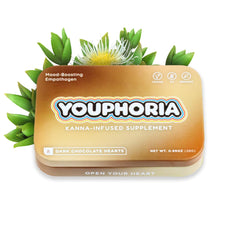 Youphoria Dark Chocolate Hearts package shot showing organic, calming notes.