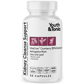 Youth & Tonic Kidney Cleanse bottle front with cranberry blend promoting urinary wellness