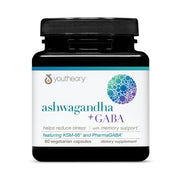 Youtheory Ashwagandha + GABA bottle front, promoting a calm daily routine and balance.