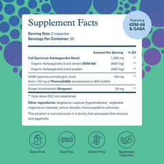 Youtheory Ashwagandha + GABA bottle side view highlighting labeled ingredients.