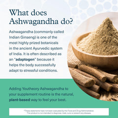 Youtheory Ashwagandha + GABA ingredients panel highlights organic KSM-66 and ginger.