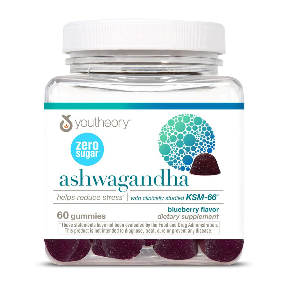 Youtheory Ashwagandha Gummies, empaque frontal, apoyo al estrés