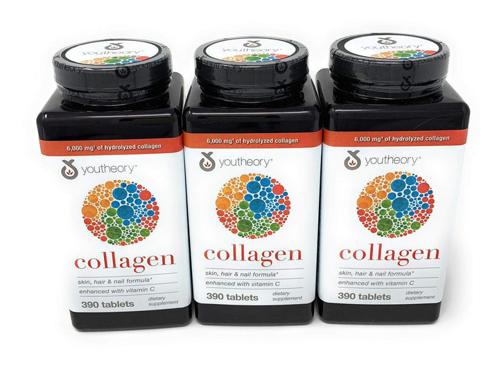 Youtheory Collagen Advanced Formula bottle front in three-pack view, supports skin, hair, and nails.
