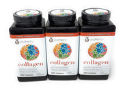 Youtheory Collagen Advanced Formula bottle front in three-pack view, supports skin, hair, and nails.
