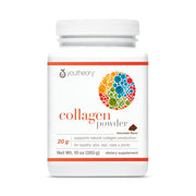 Youtheory chocolate collagen powder tub front showing premium packaging and serving size.