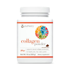 Youtheory chocolate collagen powder tub front showing premium packaging and serving size.