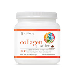 Youtheory collagen powder jar with pour spout for easy daily mixing.