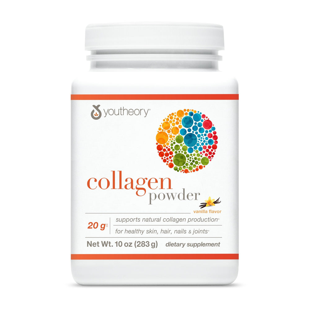 Youtheory Collagen Powder Vanilla bottle supports daily joint health and immune-friendly nutrition.